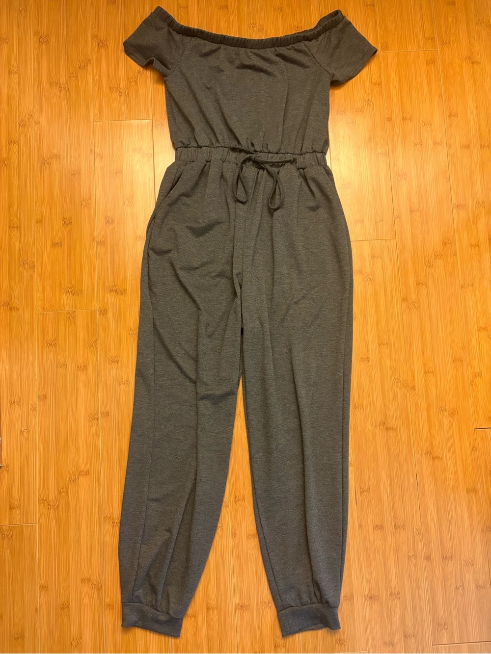 Off-Shoulder Cinched-Waist Jumpsuit in Dark Gray